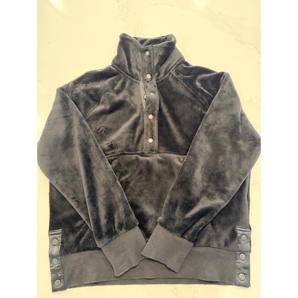 Athleta Womens Small Petite Plush Fleece Snap Neck Pullover Sweatshirt Black